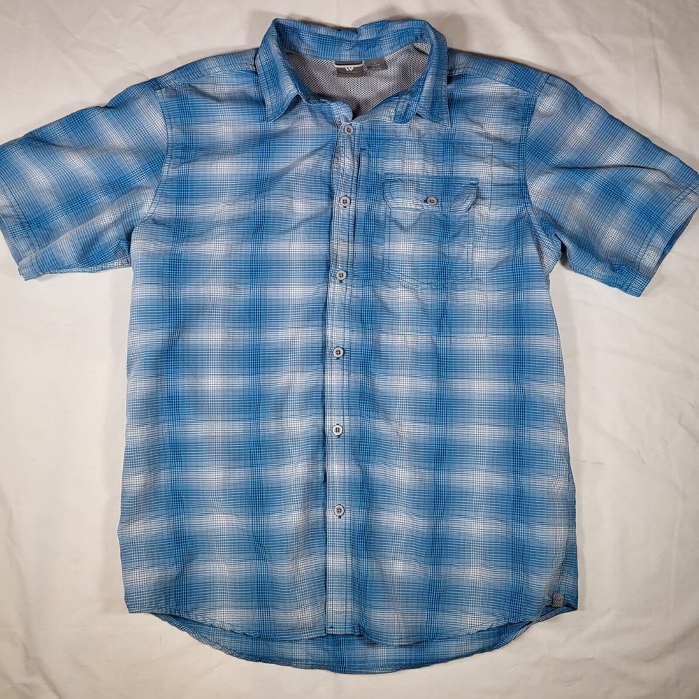 White Sierra Men's Large Outdoor Hiking Short Sleeve Blue Plaid Button Shirt - Picture 5 of 8
